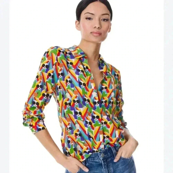 NWT Alice & Olivia WILLA PLACKET TOP Button Down Silk Shirt Mod Stace XS - Picture 1 of 9